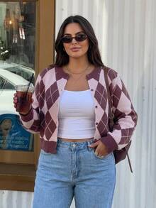 Livesso Contrast Color Patchwork Plaid Design Casual Loose Fit Sweater Cardigan - Purple - View 3