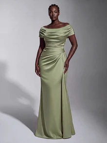 Elitara Plus Size Elegant Luxurious Sage Green Elastic Satin Ruched Off Shoulder Mermaid Dress For Wedding Formal Party, Vacation, Ball, Evening Event, Autumn - Green - View 3