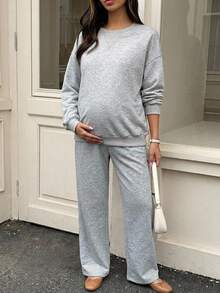 Dazy Maternity 圓領寬鬆短袖上衣與鬆緊腰短褲休閒運動孕婦兩件套裝 - 灰色 - 查看 8