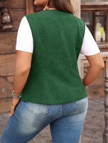 EMERY ROSE Plus Size Corduroy Vest Jacket - Dark Green - View 2