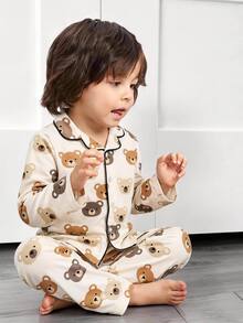 SHEIN Cartoon Cute Bear Print Short Sleeve Lapel Button-Up Top And Elastic Waist Long Pants 2 Pieces Set, Printed Pajama Set Homewear Suitable For Spring And Summer - Multicolor - View 1