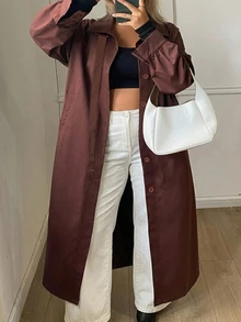 Dazy Plus Solid Color Loose Long Belt Elegant Street Vacation Spring Autumn Long Trench Coat - Brown - View 5