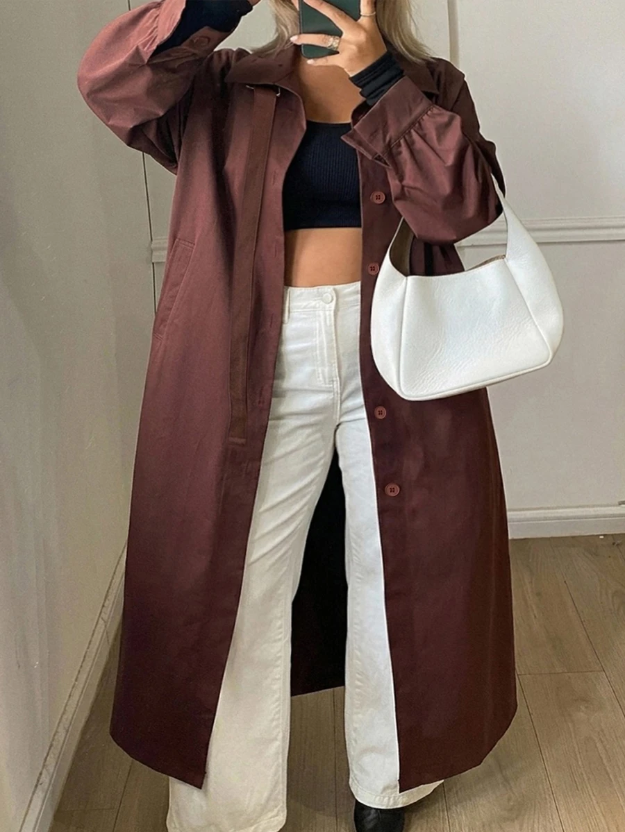 Dazy Plus Solid Color Loose Long Belt Elegant Street Vacation Spring Autumn Long Trench Coat - Brown - View 1