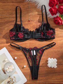 SHEIN 2件組女款網紗刺繡內衣套裝 - 黑色 - 查看 2