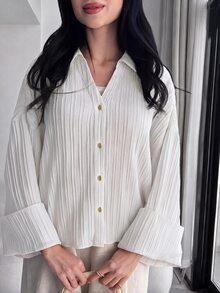 Solavon 女款純色落肩長袖單排扣休閒襯衫 - 白色 - 查看 7