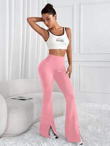 Easithlete Solid Color High Waist Split Hem Flare Leg Sports Pants - Pink - View 6