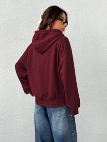 SHEIN EZwear 女款前拉鍊長袖口袋連帽衫 - 酒紅色 - 查看 2