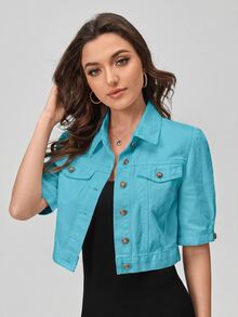 SHEIN EZwear 休閒純色中袖短版牛仔夾克 - 橘色 - 查看 6