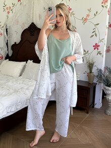 CottageSlumber Plus Size Fresh Ditsy Floral 3 Pieces Pajama Set, Minimalist Long Robe + Comfortable Camisole Loungewear Set - Beige - View 1