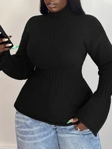 Selianne Atasan Sweater Rajut Wanita Model Kerah Semi Tinggi, Pinggang Pas, Lengan Lentera Berkerut - Hitam - View 5