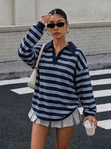 Muchica 女款 Polo 領長袖寬鬆休閒衛衣，厚實材質，適合秋冬穿著 - 藏蓝色 - 查看 7