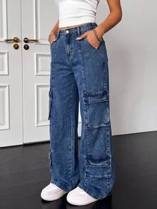 Teen Girl Pocket Button Casual Daily Wear Cargo Denim Jeans - Medium Wash - View 3