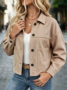 Linhara CURVE Plus Size Women's Autumn/Winter Suede Fleece Lapel Pocket Jacket - Khaki - View 5
