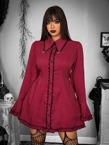 Whyspr Dark Gothic Light Punk Y2K Ruffle Lace Trim Cross Pendant Flared Sleeve Fitted Plus Size Women's Halloween Dress Fall - Red - View 4