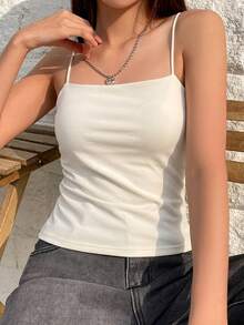 DAZY 女款簡約百搭純色細肩帶背心上衣，適合日常穿著 - 白色 - 查看 3
