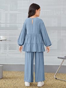 SHEIN 女童寬鬆優雅圓領A字長袖上衣與寬腿褲套裝 - 藍色 - 查看 2