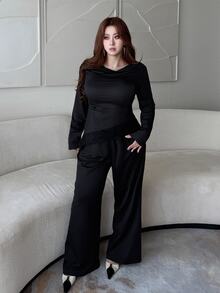 Vibekara Women's Solid Black Draped Cowl Neck Lace Patchwork Asymmetrical Hem Long Sleeve Top Paired With Solid Black Casual Style Pants, Daily Commute Two Pieces Set, Vacation Travel Wear, Holiday Elegant Style Two Pieces Set, Y2K Two Pieces Set - Black - View 5