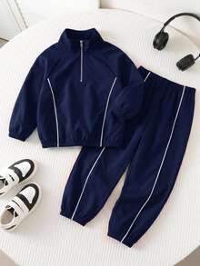 SHEIN 兒童男童2件套休閒長袖立領裝飾半拉鍊秋冬夾克與彈性腰長褲套裝，抓絨加厚 - 藏蓝色 - 查看 1