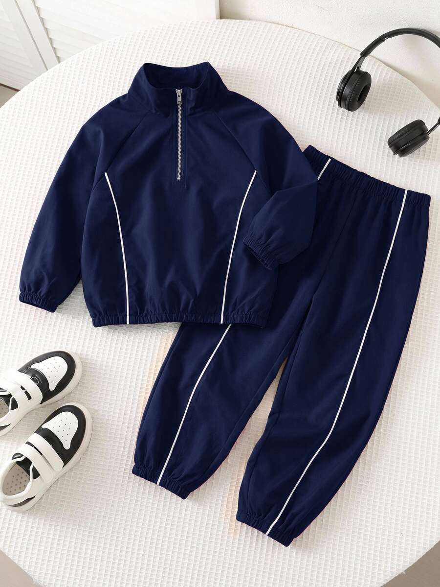 SHEIN 兒童男童2件套休閒長袖立領裝飾半拉鍊秋冬夾克與彈性腰長褲套裝，抓絨加厚 - 藏蓝色 - 查看 1