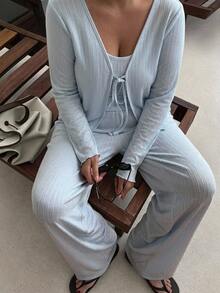 Dazy Plus Plus Size Women Solid Color Long Sleeve Front Tie Top, Camisole And Pants Casual 3 Pieces Pajama Set For Spring And Autumn - Baby Blue - View 2
