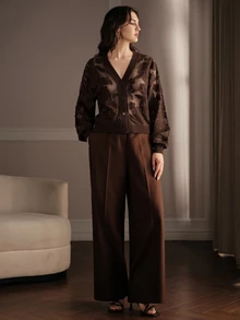 Anewsta Women's Loose Knit Cardigan With Asymmetrical Floral Mesh Rope Embroidery, Sheer V-Neck, Autumn Commute - Coffee Brown - View 5