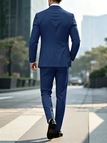 Manfinity Mode 男士商務休閒單扣西裝外套與長褲套裝，尖領設計增添風格與層次感，適合日常通勤、商務、派對與宴會穿著，男士衣櫥必備百搭單品，適合送給男友或丈夫的正式老錢風禮物 - 藏蓝色 - 查看 2