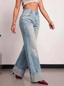 SHEIN PETITE 女款休閒水洗直筒牛仔褲 - 淺色水洗藍 - 查看 7