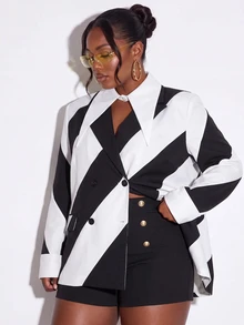 Slaydiva Plus Size Women's Blazer Dress, Black White Geometric Print Extra Long Point Collar Mini Coat - Black and White - View 5