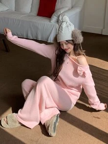 DAZY Women's Solid Color Bow Decor Asymmetric Shoulder Long Sleeve Sweater Fall - Pink - View 5