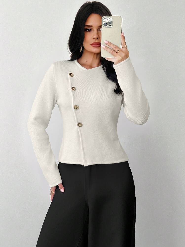 Firerie Atasan Sweater Lengan Panjang Wanita Motif Bunga Gelap dengan Leher Asimetris dan Kancing Logam di Depan, Sweater Kasual untuk Beraktivitas, Koleksi Terbaru Musim Semi, Gugur, dan Dingin - Aprikot - View 3