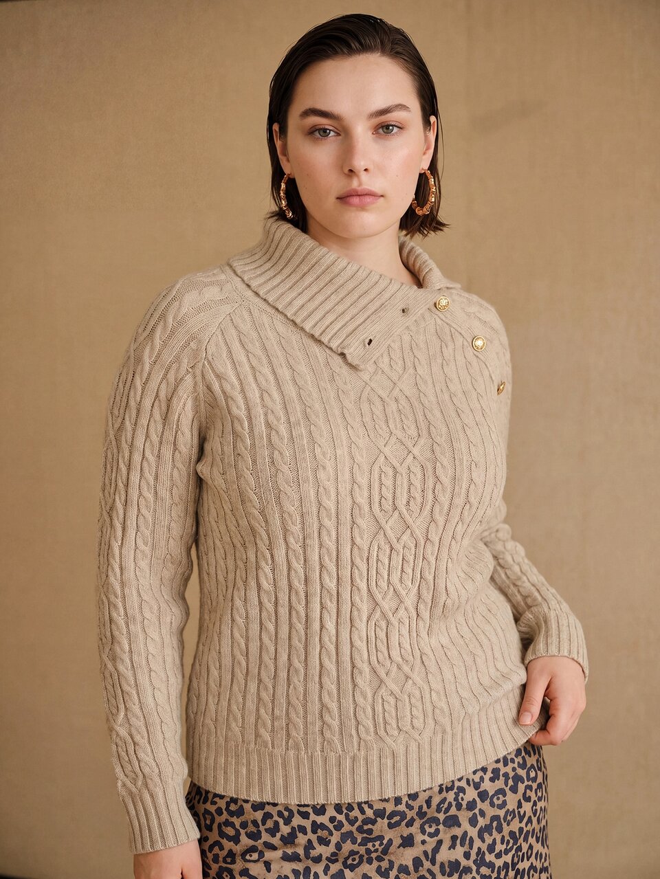 MOTF PLUS SIZE WOMEN'S WOOL CABLE KNIT ASYMMETRIC BUTTON SWEATER, AUTUMN/WINTER