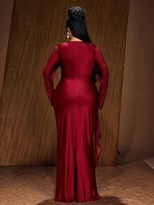 Maweii Women's Rhinestone Decorated Hollow Pleated Elegant Waist-Cinching Long Sleeve Dress Fall - Burgundy - View 2