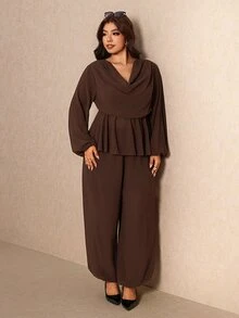 Elaquor Plus Size Women's Solid Color Cowl Neck Lantern Sleeve Blouse And Pants Elegant 2 Pieces Set - Coffee Brown - View 5