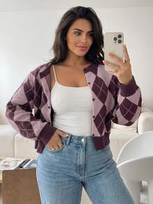 Livesso Contrast Color Patchwork Plaid Design Casual Loose Fit Sweater Cardigan - Purple - View 8