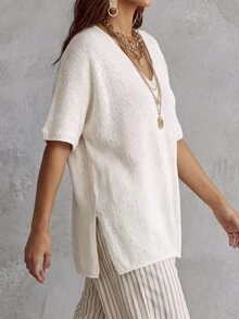 Linhara CURVE Sweater Rajut Longgar Berbentuk V-Neck Lengan Pendek Ukuran Plus untuk Musim Dingin - Putih - View 4