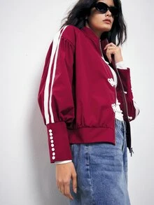 Maija Plus Size Fashion Street Streetwear Dark Red Colorblock Button-Up Jacket Everyday Going Out Autumn - Red - View 7