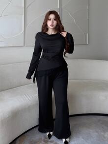 Vibekara Women's Solid Black Draped Cowl Neck Lace Patchwork Asymmetrical Hem Long Sleeve Top Paired With Solid Black Casual Style Pants, Daily Commute Two Pieces Set, Vacation Travel Wear, Holiday Elegant Style Two Pieces Set, Y2K Two Pieces Set - Black - View 3