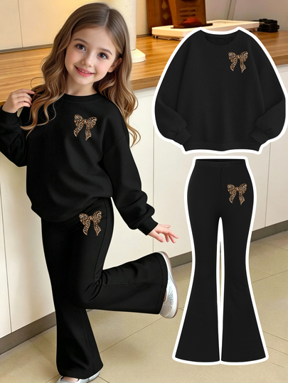 (1 Set) Girls Casual Fashion Simple Fresh Bow Leopard Print Letter Pattern Sweatshirt & Flared Pants 2 Pieces Set