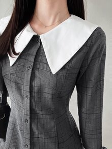 FRIFUL Women's Colorblock Plaid Casual Daily Summer Long Dress - Black and White - View 5