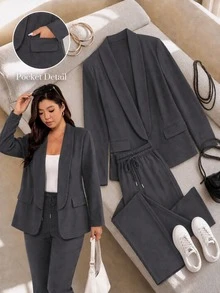 Shapeblank Bộ 2 món áo khoác và quần màu trơn phong cách thường ngày đi làm size lớn - Màu xám đen - Xem 7