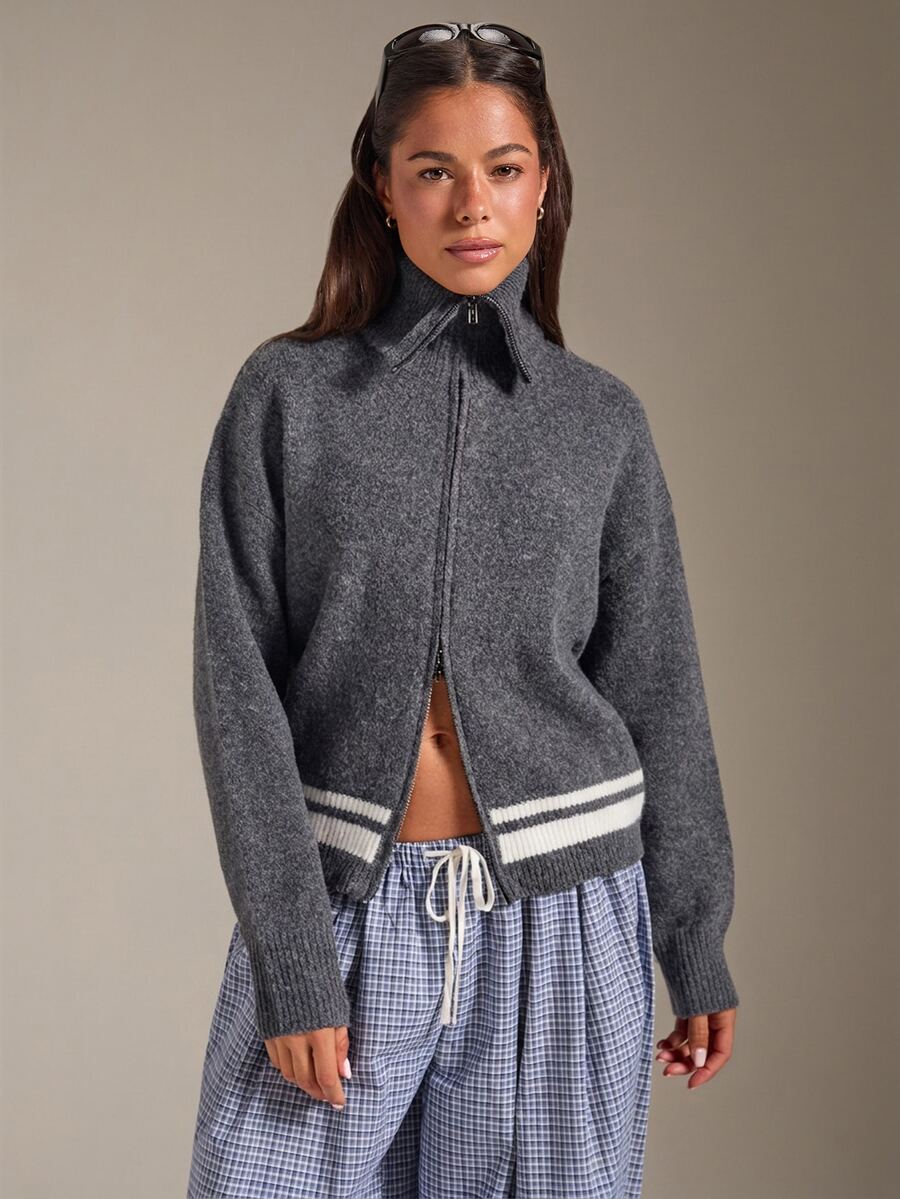 Athîral Soft Knit Contrast Stripe Wide Collar Long Sleeve Gray Loose Casual Preppy Zip-Up Cardigan For Women,Fall Winter,Back To School, Daily,Going Out - Grey - View 1