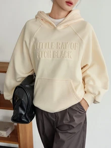 Dazy-Less Women's Slogan Embossed Raglan Long Sleeve Casual Hooded Sweatshirt Fall - Beige - View 8