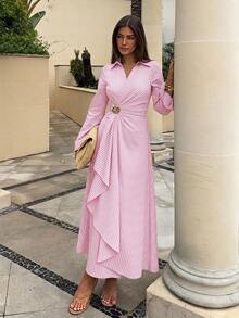 Siren Gaze Women's Striped Collared Waist Metal Decor Patchwork Ruffle Hem Elegant Long Dress - Pink - View 4