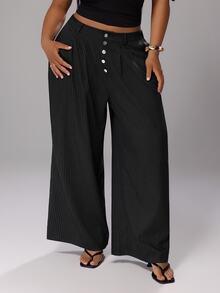 Rustia Fashionable Low-Waist Striped Loose Straight Leg Pants Plus Size Women's Fall - Black - View 3