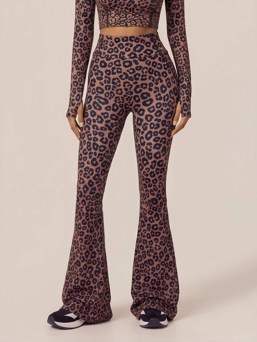 SHEIN BAE Women's Leopard Print High Waist Casual Daily Sports Tight Flare Leggings - Coffee Brown - View 1