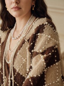 Anewsta Women's Plus Size Coffee & Apricot Color Block Pearl Faux Mink Fur V-Neck Knit Cardigan Sweater Jacket, Autumn/Winter - Coffee Brown - View 2