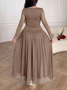 Feyla Plus Size Elegant Pleated Lace Patchwork Glitter Dress - Brown - View 2