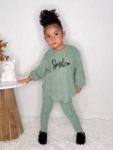 Bộ 2 món áo thun gân vai trễ họa tiết "Smile" và quần legging thời trang casual cho bé gái, màu hồng, set đồ gân thoải mái mùa thu cho bé gái, bộ đồ thể thao cho bé gái - Màu xanh Bạc hà - Xem 1