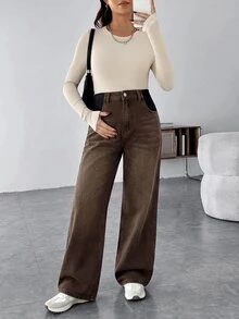 SHEIN 孕婦休閒寬鬆直筒牛仔褲 - 棕色 - 查看 3