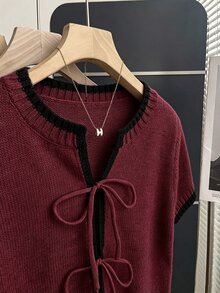 SHEIN Franclia 女款休閒寬鬆圓領短袖針織上衣，前綁帶設計搭配對比飾邊，卡其色，春夏款 - 酒紅色 - 查看 5